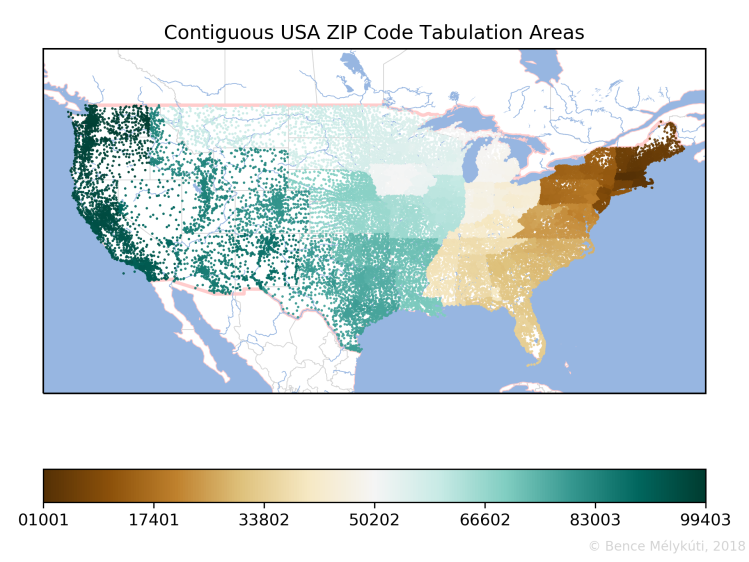 Contiguous USA ZIP Code Tabulation Areas with small markers
